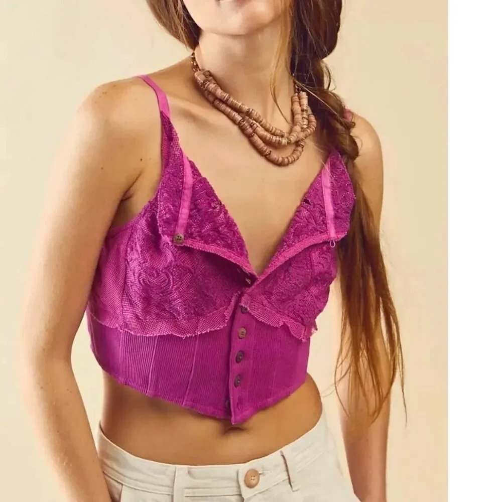 Free People Have My Heart Tank Top XS Raspberry Sorbet Lace Crop Babydoll Cami